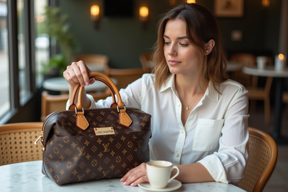 Jeune femme vérifiant le code date à l'intérieur d'un sac Louis Vuitton Speedy dans un café parisien