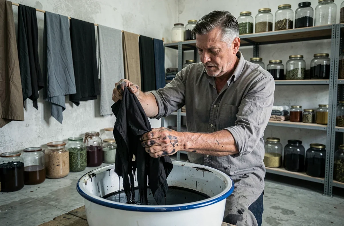 Homme essorant un vêtement coton teint en noir naturellement dans un atelier de teinture artisanale
