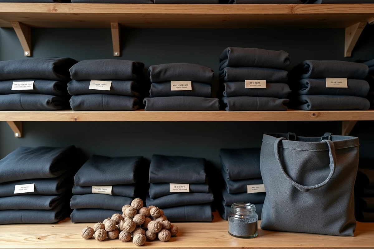 Présentation de vêtements noirs teints de manière écologique dans une boutique zéro déchet avec des étiquettes expliquant les méthodes de teinture naturelle sans produits toxiques
