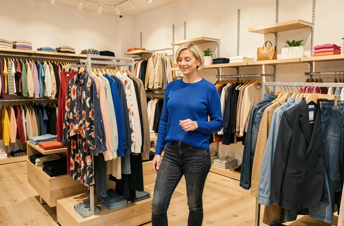 Femme blonde en pull cobalt bleu parcourant les collections multimarques de Vib's dans le Vaucluse avec un espace de vente moderne aux sols en bois clair